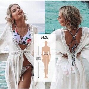Cupshe White Crochet Bikini Cover Up Maxi Dress OS Cottagecore Bell Sleeves New